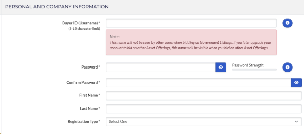 Image of the BuyerID and password choice area of the Buyer registration process