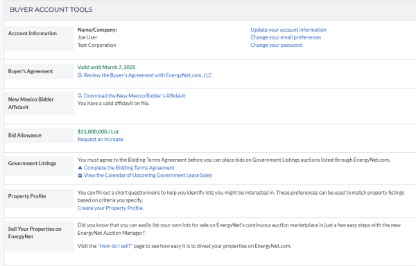 Your Buyer's Homepage lets you review the status of your Buyer's Agreement, view your bid allowance, and request an increase.