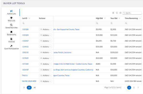 This table appears on your Buyer's Homepage when you have placed a bid on an active auction.