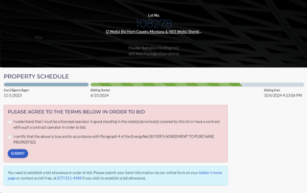 This property's bid page requires the bidder accept additional conditions. Check the boxes and click "Submit" to indicate your agreement. You will not be prompted again after you agree.