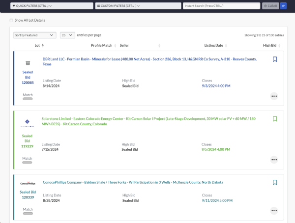 A sample of the Property Listings page. The listings can be sorted by clicking the column headers. You may also use the search options to instantly filter the listings.