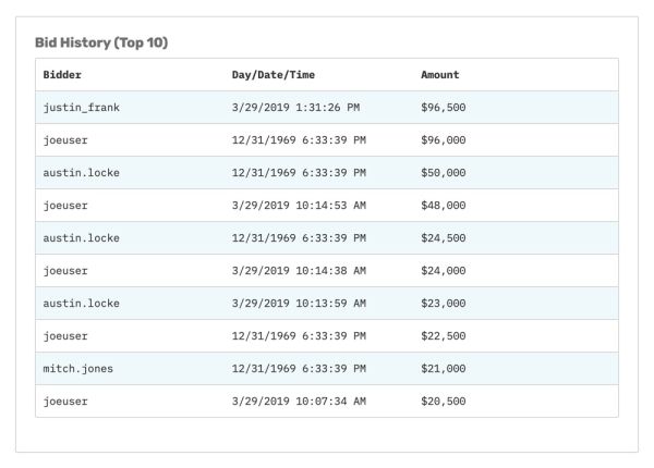 Bid history tables on the property information and bid pages list the most recent successful bids.